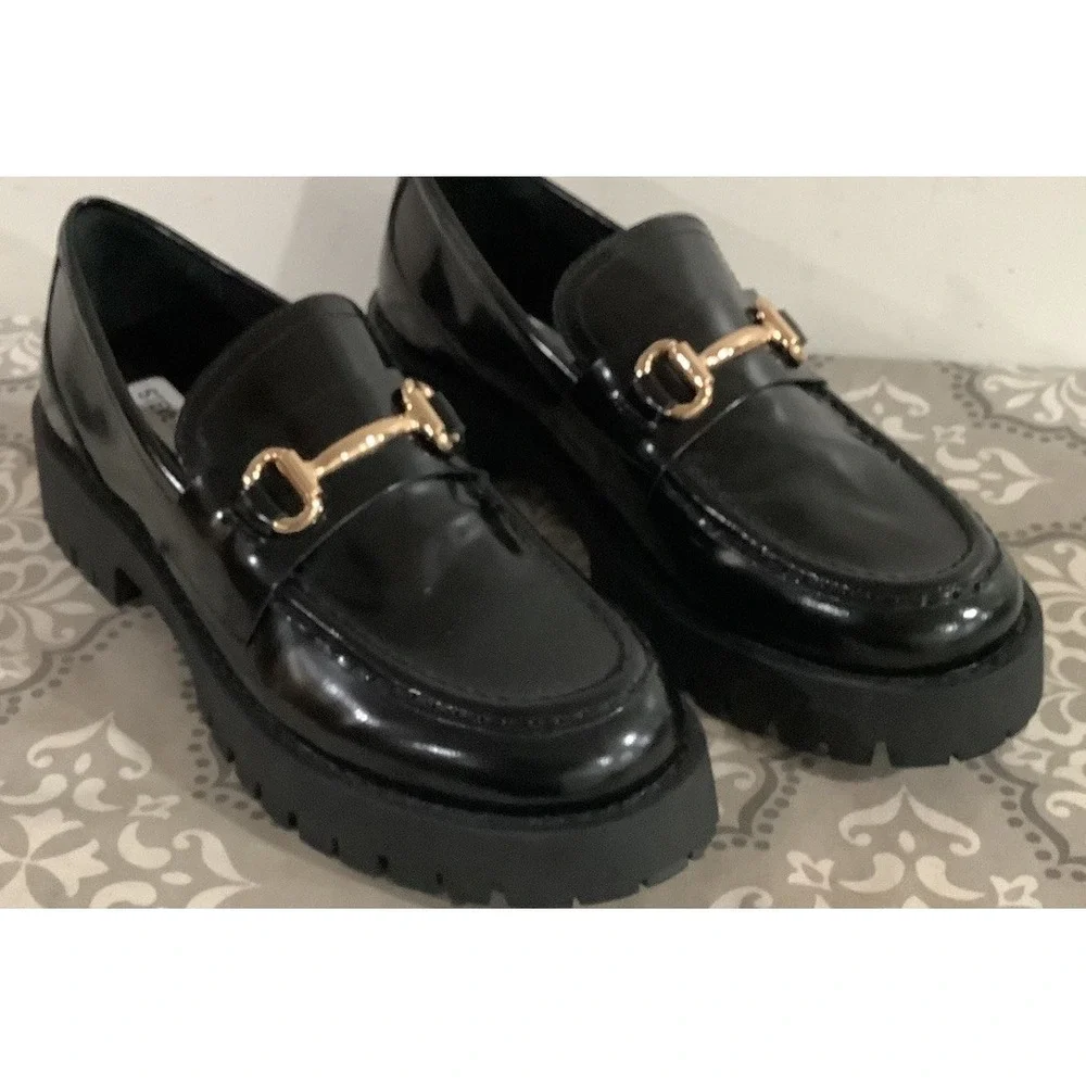 Steve Madden Lando Mens 6.5 M Black Patent Leather Chunky Lug Horsebit Loafers